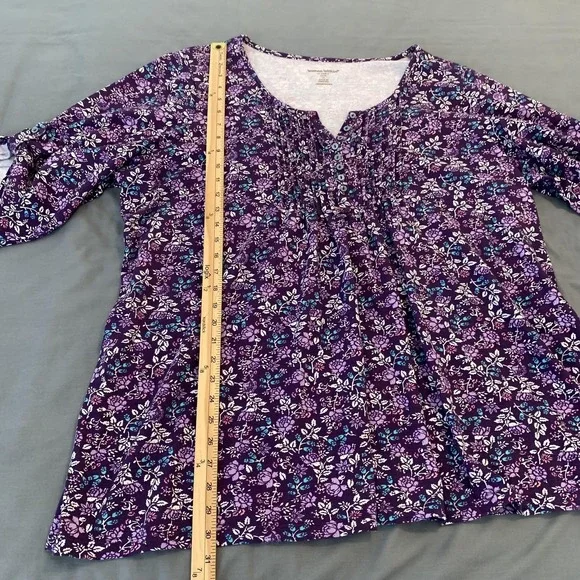Woman Within Shirt Womens 1X Plus Purple Floral Henley 3/4 Sleeve Tunic Top Soft - Picture 4 of 7